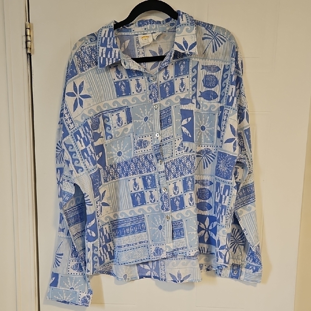 C&C California 100% Linen Shirt Womens XL Blue white geometric Button Up NWT